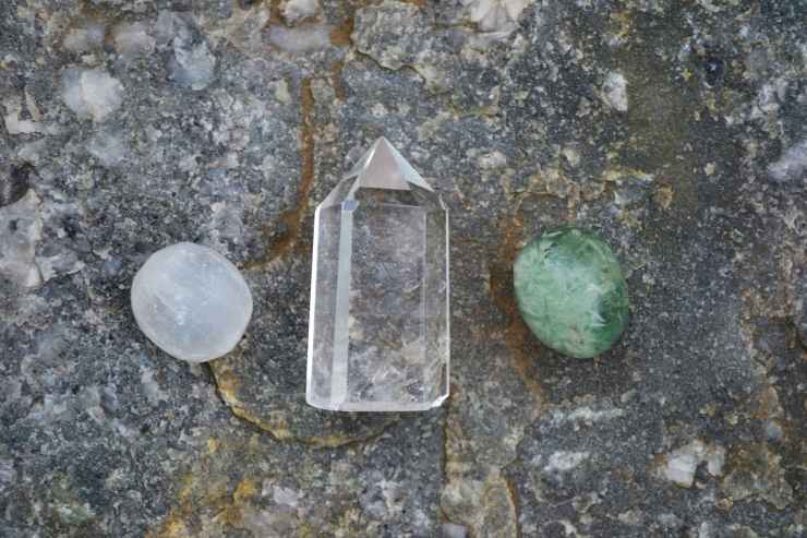 white clear and green healing crystals